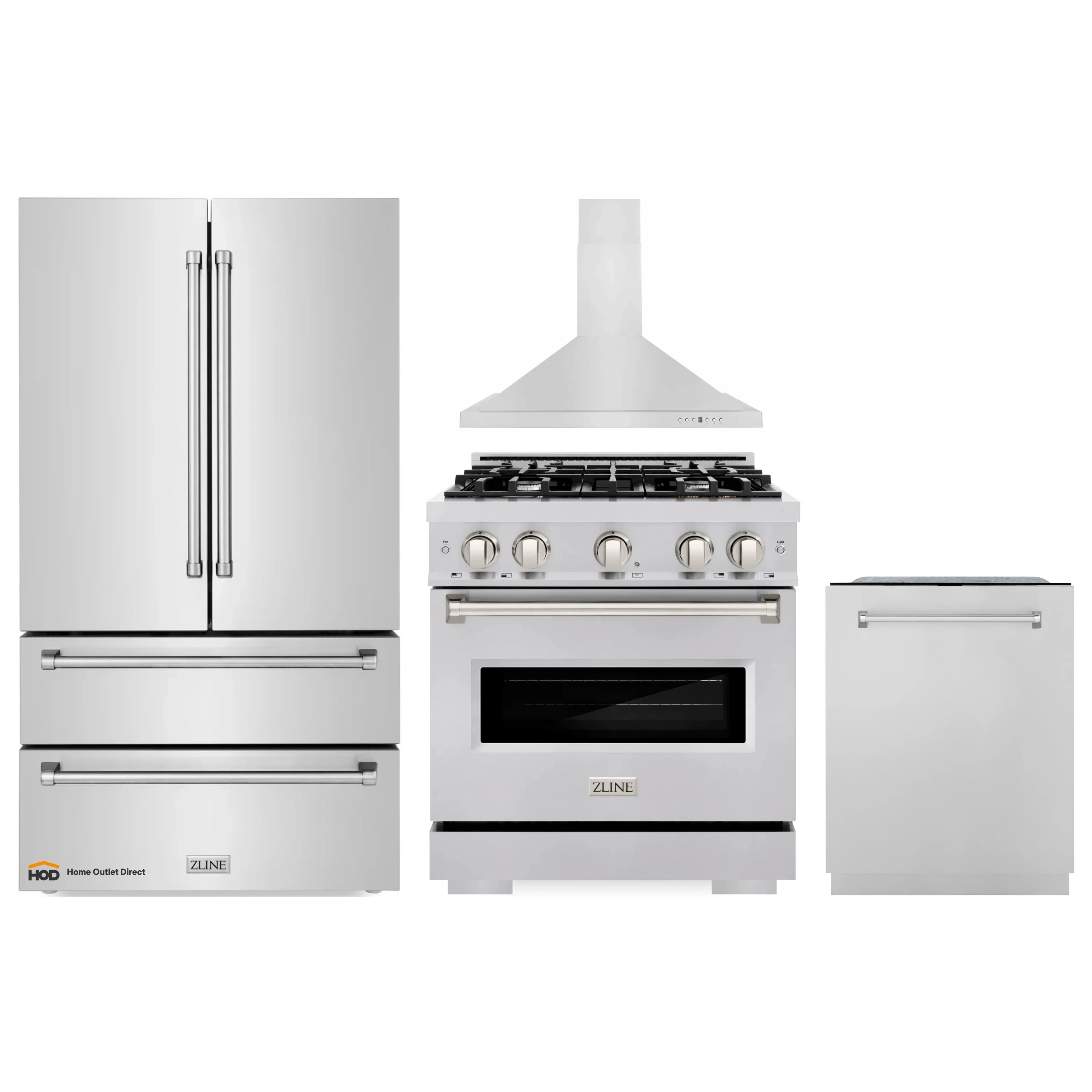 Stainless appliance set featuring refrigerator, range, hood, and dishwasher