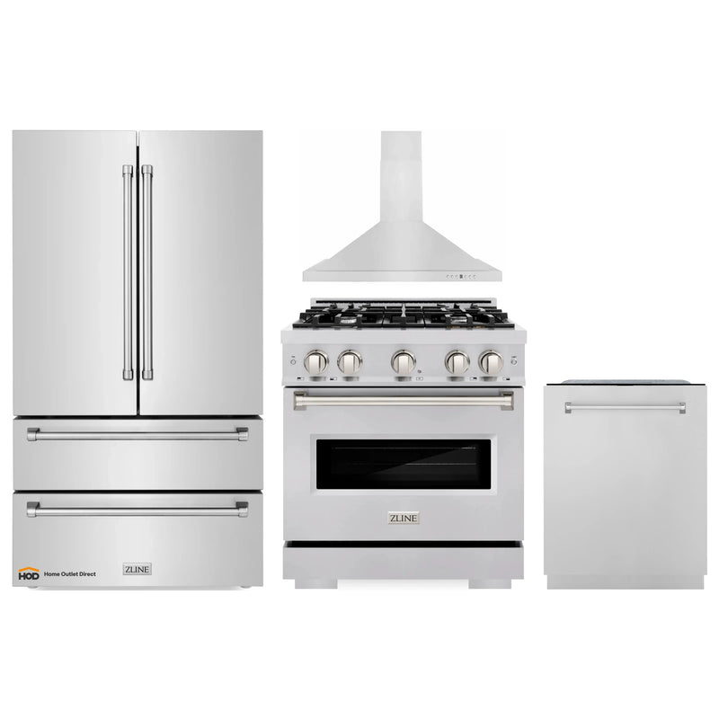 ZLINE 4-Piece Appliance Package - 30-Inch Gas Range, Hood, Refrigerator, and Dishwasher in Stainless Steel