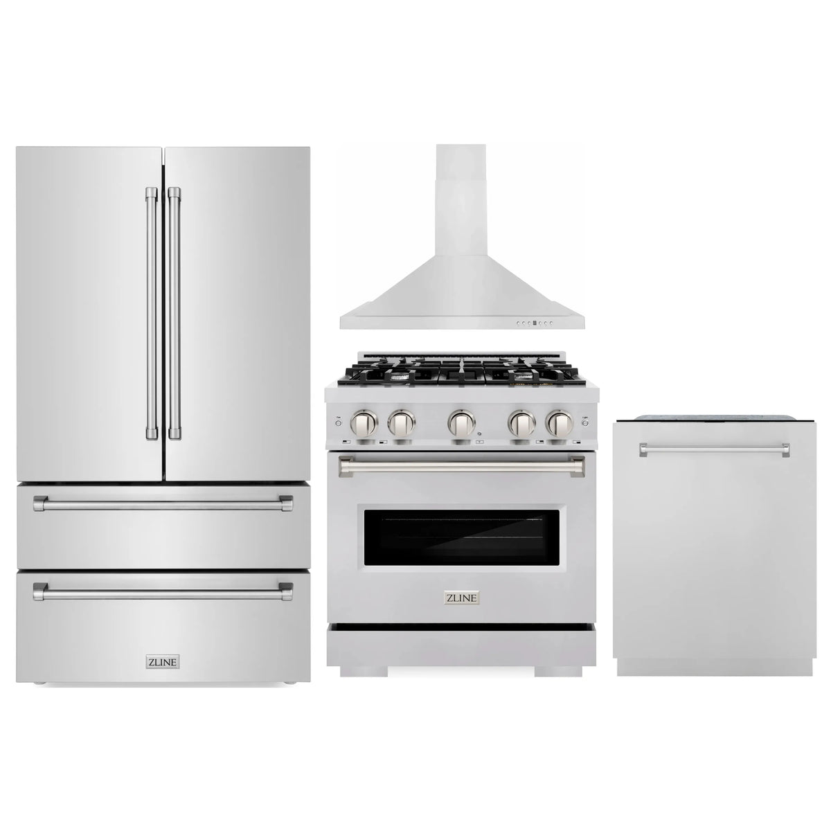 ZLINE 4-Piece Appliance Package - 30-Inch Gas Range, Hood, Refrigerator, and Dishwasher in Stainless Steel