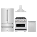ZLINE 4-Piece Appliance Package - 30-Inch Gas Range, Hood, Refrigerator, and Dishwasher in Stainless Steel
