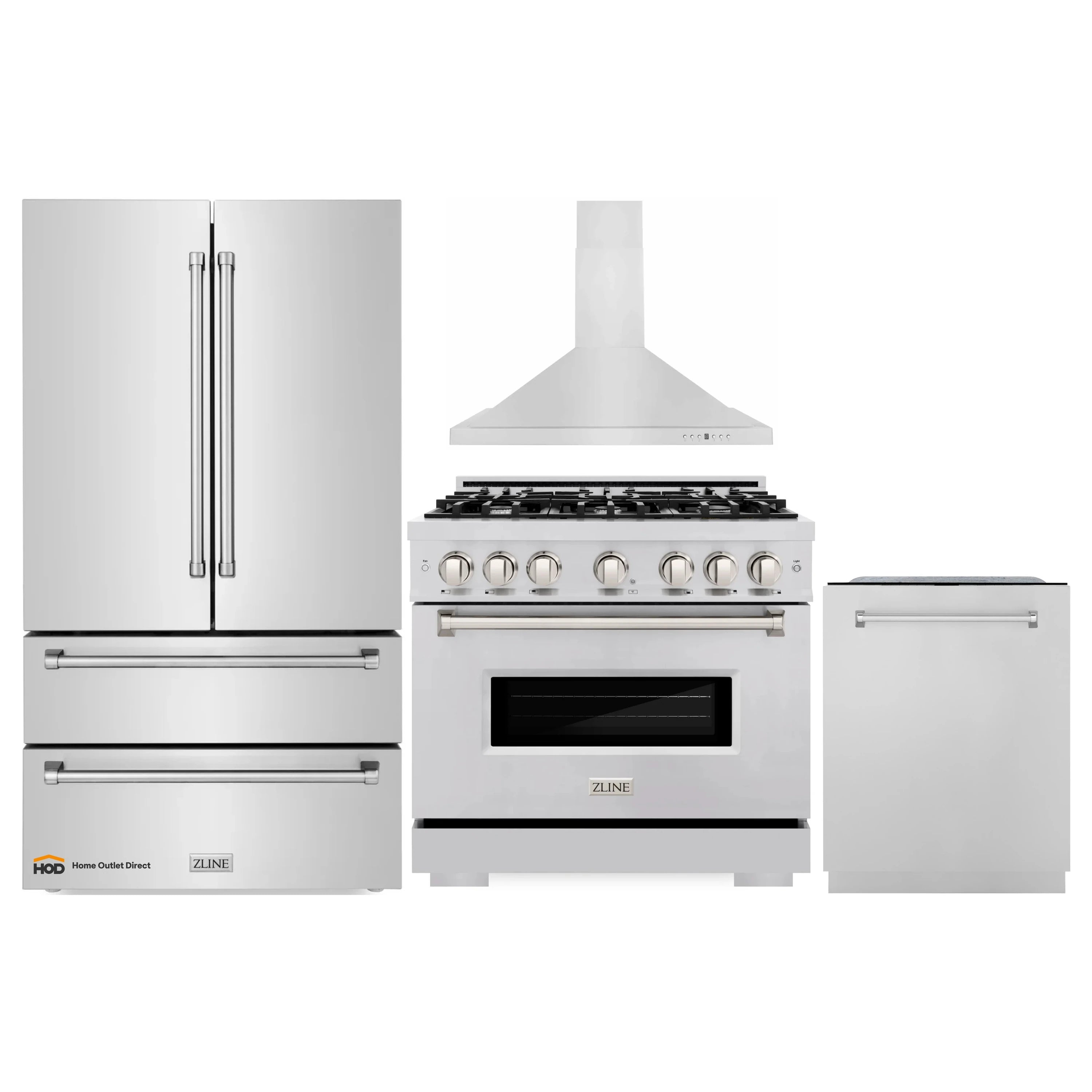 Stainless steel kitchen appliance set: hood, range, refrigerator, and dishwasher