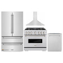 ZLINE 4-Piece Appliance Package - 36-Inch Gas Range, Hood, Refrigerator, and Dishwasher in Stainless Steel