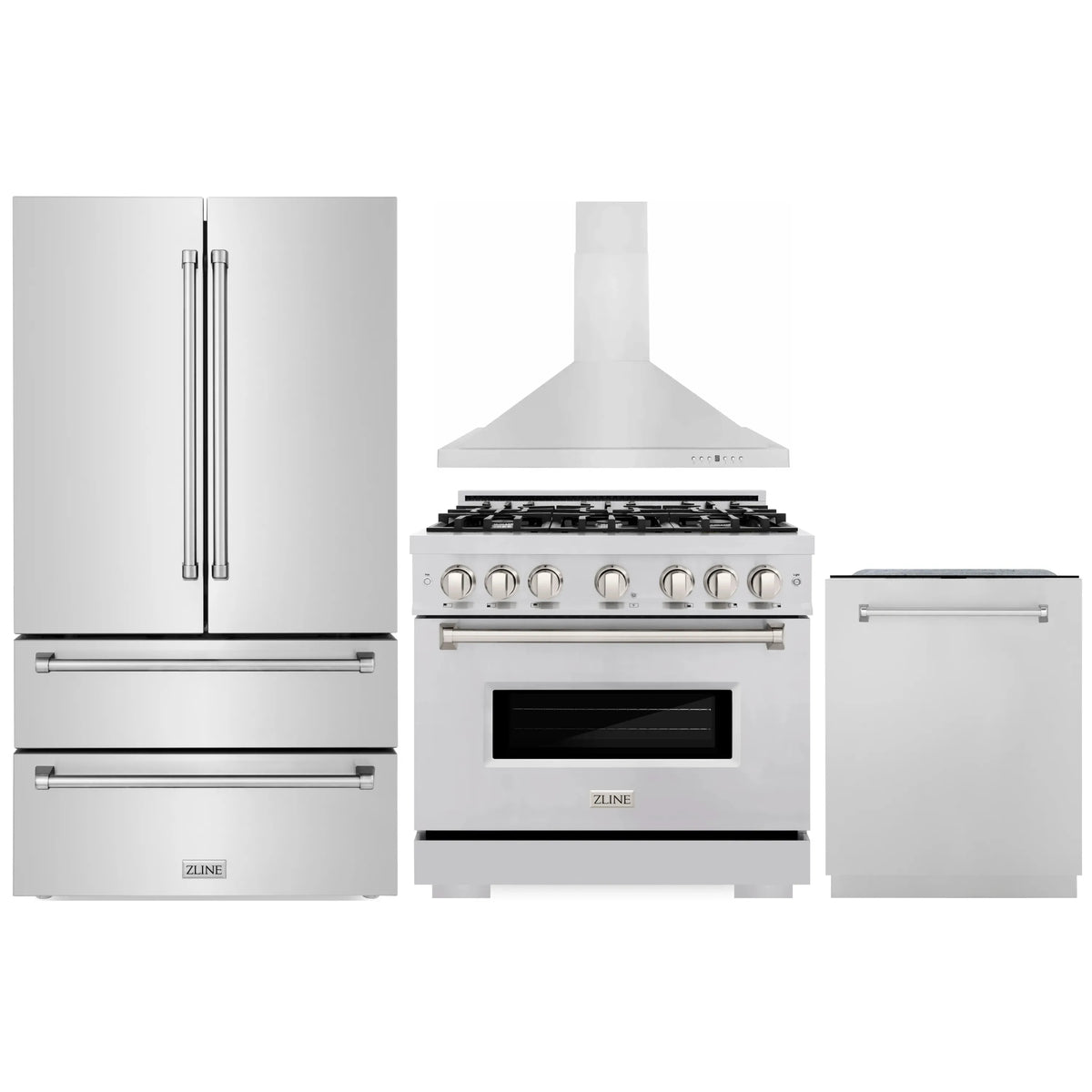 ZLINE 4-Piece Appliance Package - 36-Inch Gas Range, Hood, Refrigerator, and Dishwasher in Stainless Steel