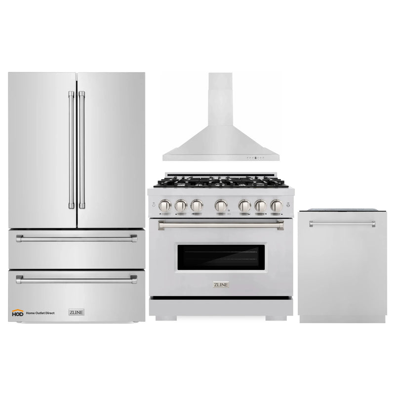 ZLINE 4-Piece Appliance Package - 36-Inch Gas Range, Hood, Refrigerator, and Dishwasher in Stainless Steel
