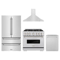 ZLINE 4-Piece Appliance Package - 36-Inch Gas Range, Hood, Refrigerator, and Dishwasher in Stainless Steel