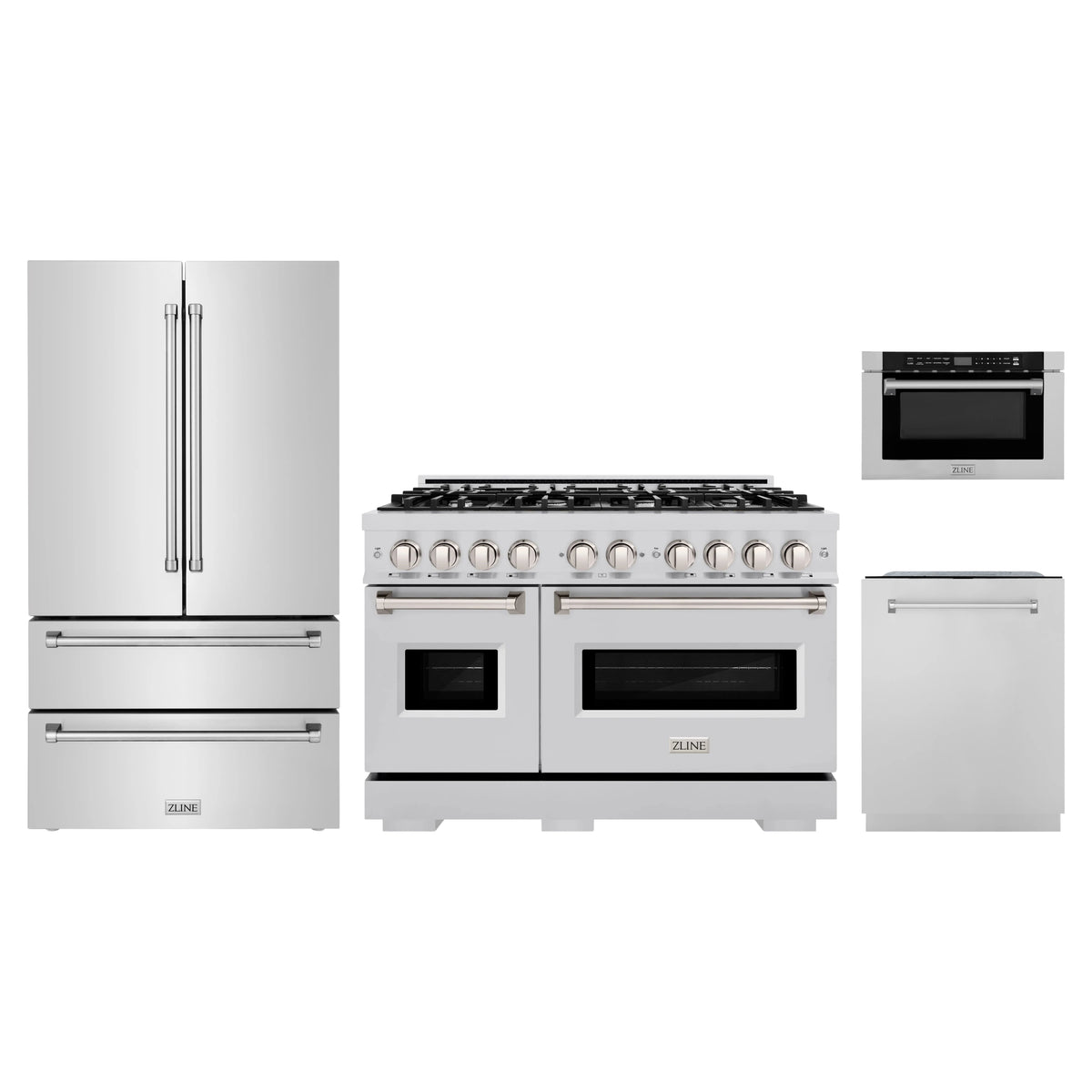 ZLINE 4-Piece Appliance Package - 48-Inch Classic Gas Range, Refrigerator, Dishwasher, and 24-Inch Microwave Drawer in Stainless Steel
