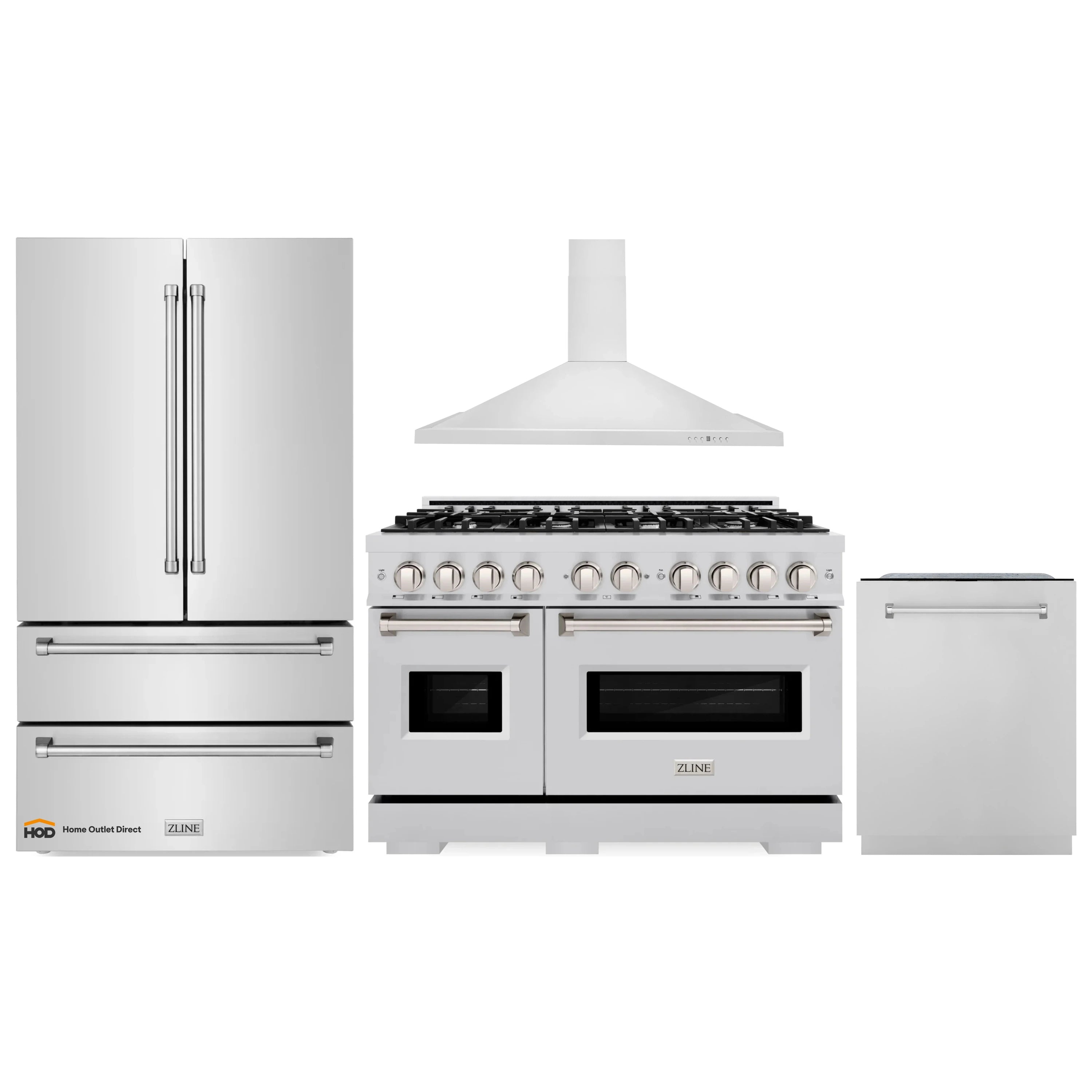 Stainless kitchen appliance set with refrigerator, gas range, hood, and dishwasher