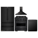 ZLINE 4-Piece Appliance Package - 30-Inch Gas Range, Hood, Refrigerator, and Dishwasher in Black Stainless Steel