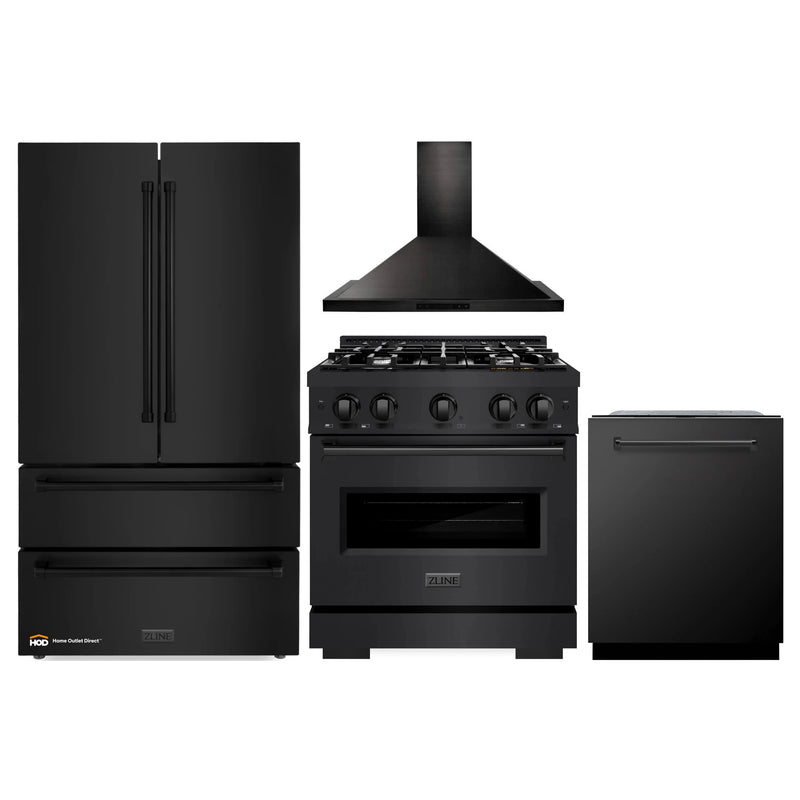 ZLINE 4-Piece Appliance Package - 30-Inch Gas Range, Hood, Refrigerator, and Dishwasher in Black Stainless Steel