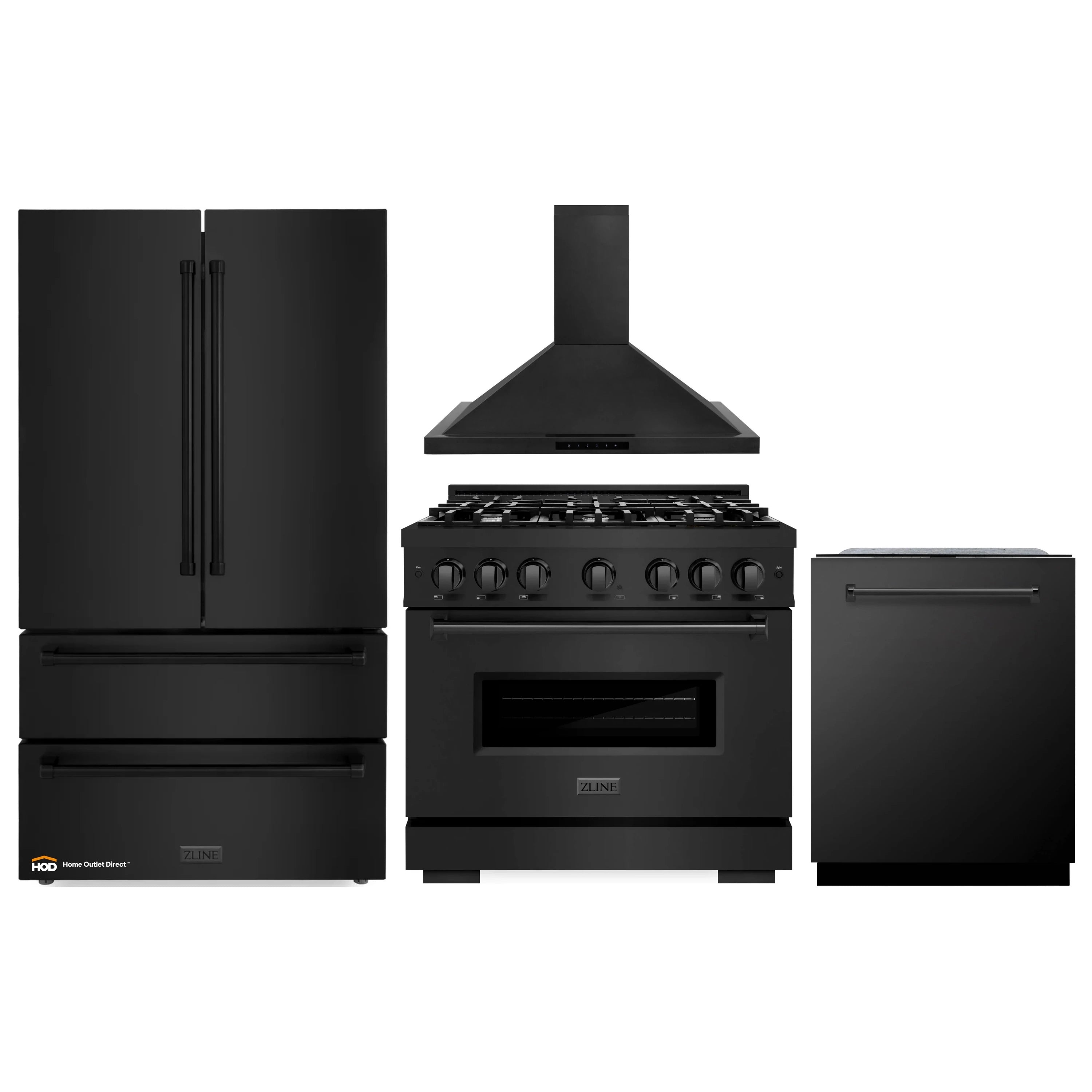 Black stainless steel appliance set: refrigerator, gas range, hood, and dishwasher