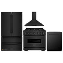 ZLINE 4-Piece Appliance Package - 36-Inch Gas Range, Hood, Refrigerator, and Dishwasher in Black Stainless Steel