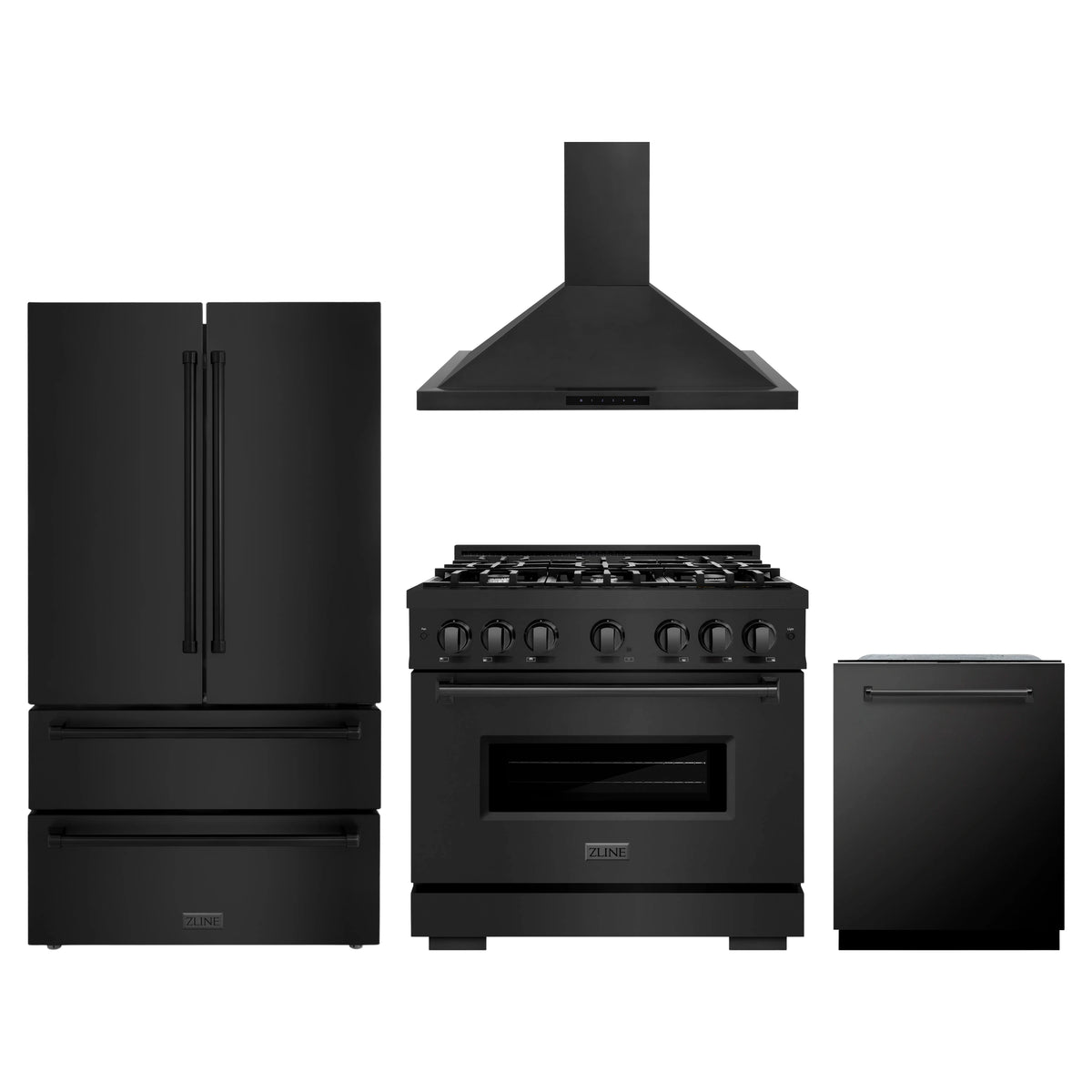 ZLINE 4-Piece Appliance Package - 36-Inch Gas Range, Hood, Refrigerator, and Dishwasher in Black Stainless Steel