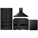 ZLINE 4-Piece Appliance Package - 48-Inch Gas Range, Hood, Refrigerator, and Dishwasher in Black Stainless Steel
