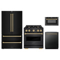 ZLINE 4-Piece Appliance Package - 30-Inch Classic Gas Range, Refrigerator, Dishwasher, and 24-Inch Microwave Drawer in Black Stainless Steel with Champagne Bronze Accents