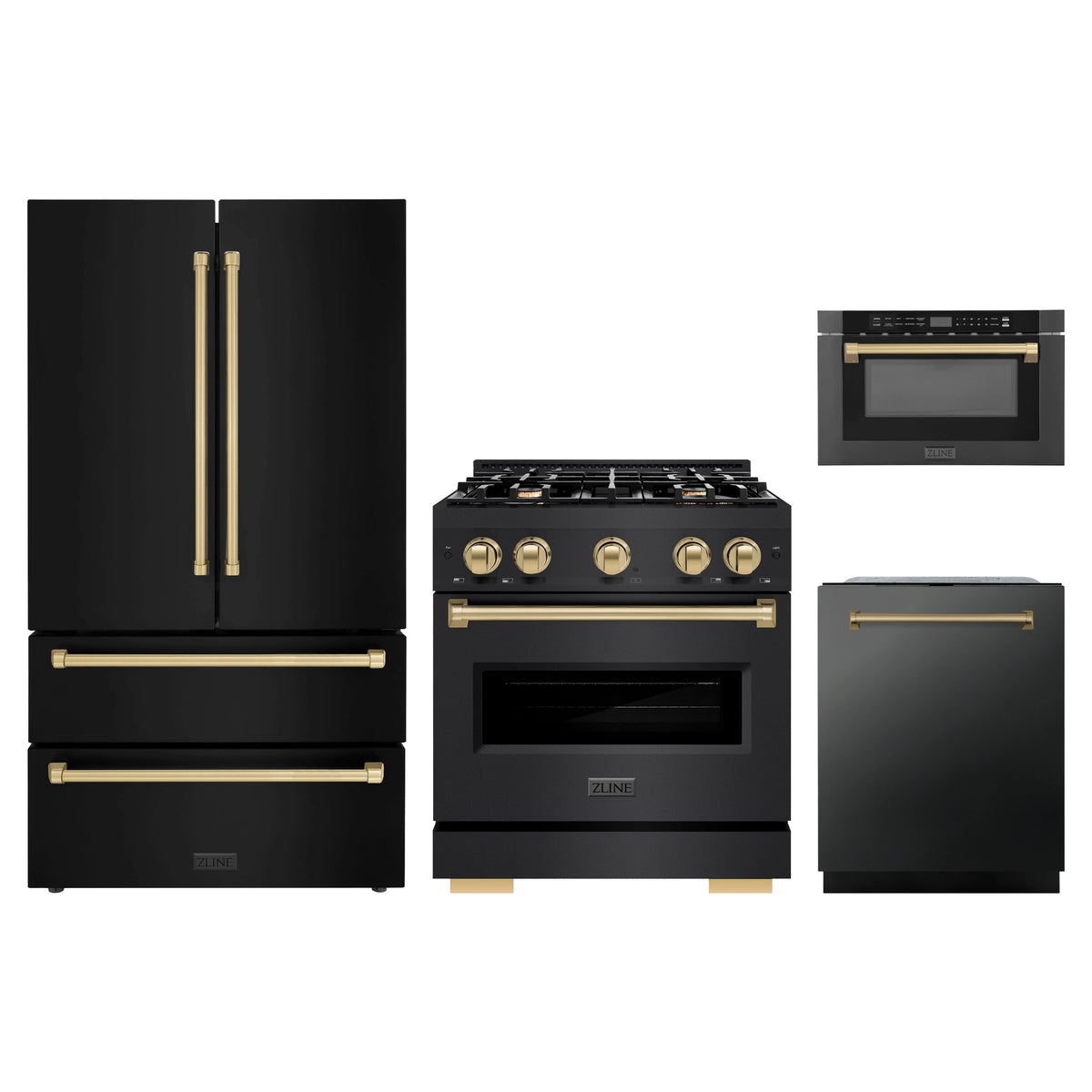 ZLINE 4-Piece Appliance Package - 30-Inch Classic Gas Range, Refrigerator, Dishwasher, and 24-Inch Microwave Drawer in Black Stainless Steel with Champagne Bronze Accents