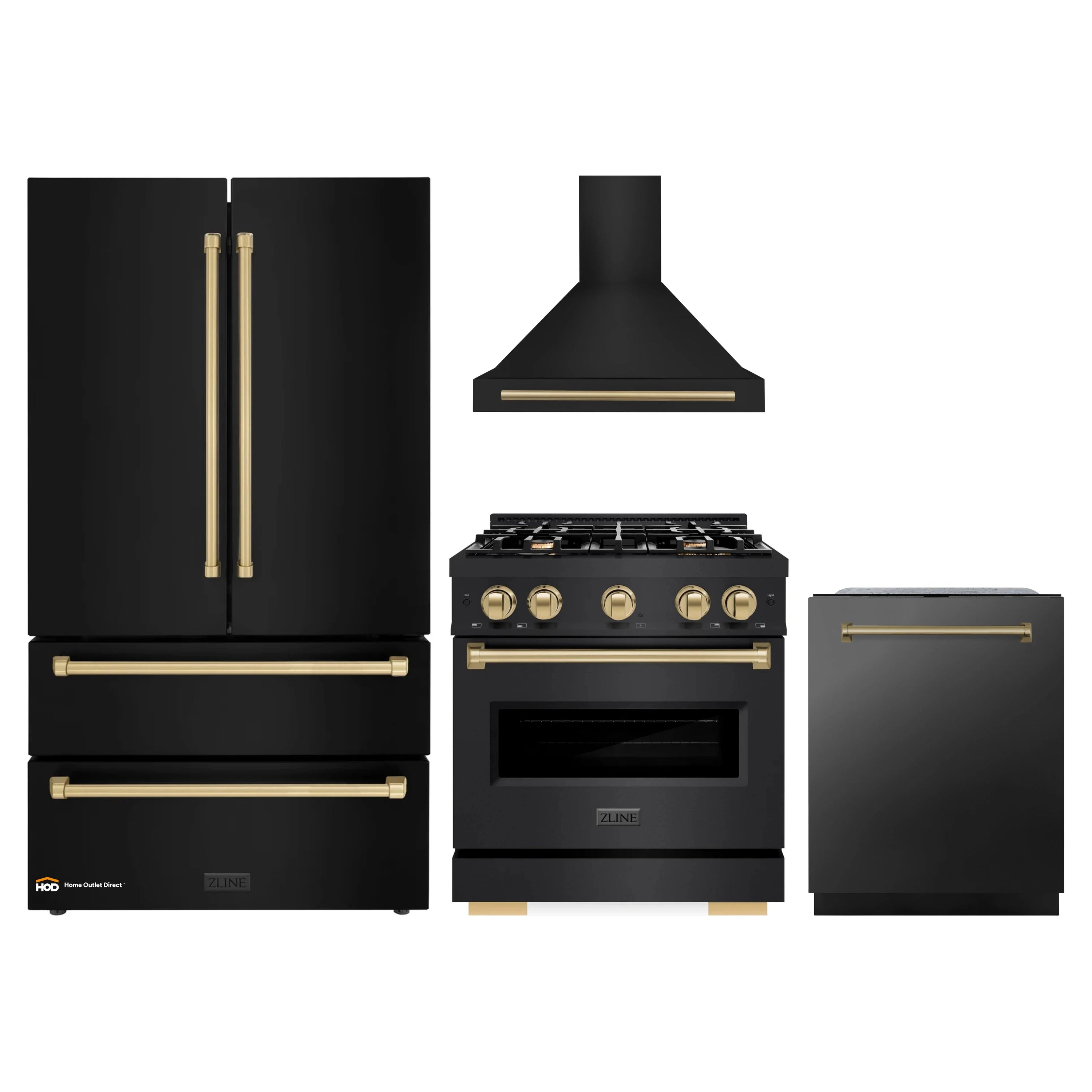 Four-piece black appliance set with champagne bronze accents: range, hood, refrigerator, dishwasher