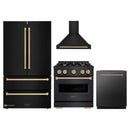 ZLINE 4-Piece Appliance Package - 30-Inch Gas Range, Hood, Refrigerator, and Dishwasher in Black Stainless Steel with Champagne Bronze Accents