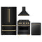 ZLINE 4-Piece Appliance Package - 30-Inch Gas Range, Hood, Refrigerator, and Dishwasher in Black Stainless Steel with Champagne Bronze Accents