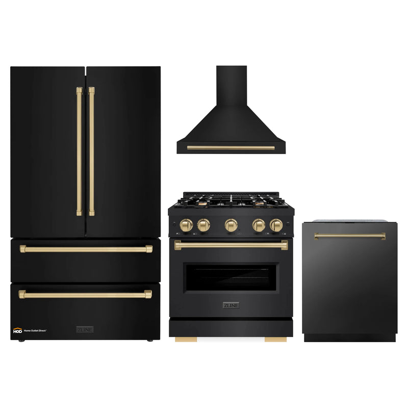 ZLINE 4-Piece Appliance Package - 30-Inch Gas Range, Hood, Refrigerator, and Dishwasher in Black Stainless Steel with Champagne Bronze Accents