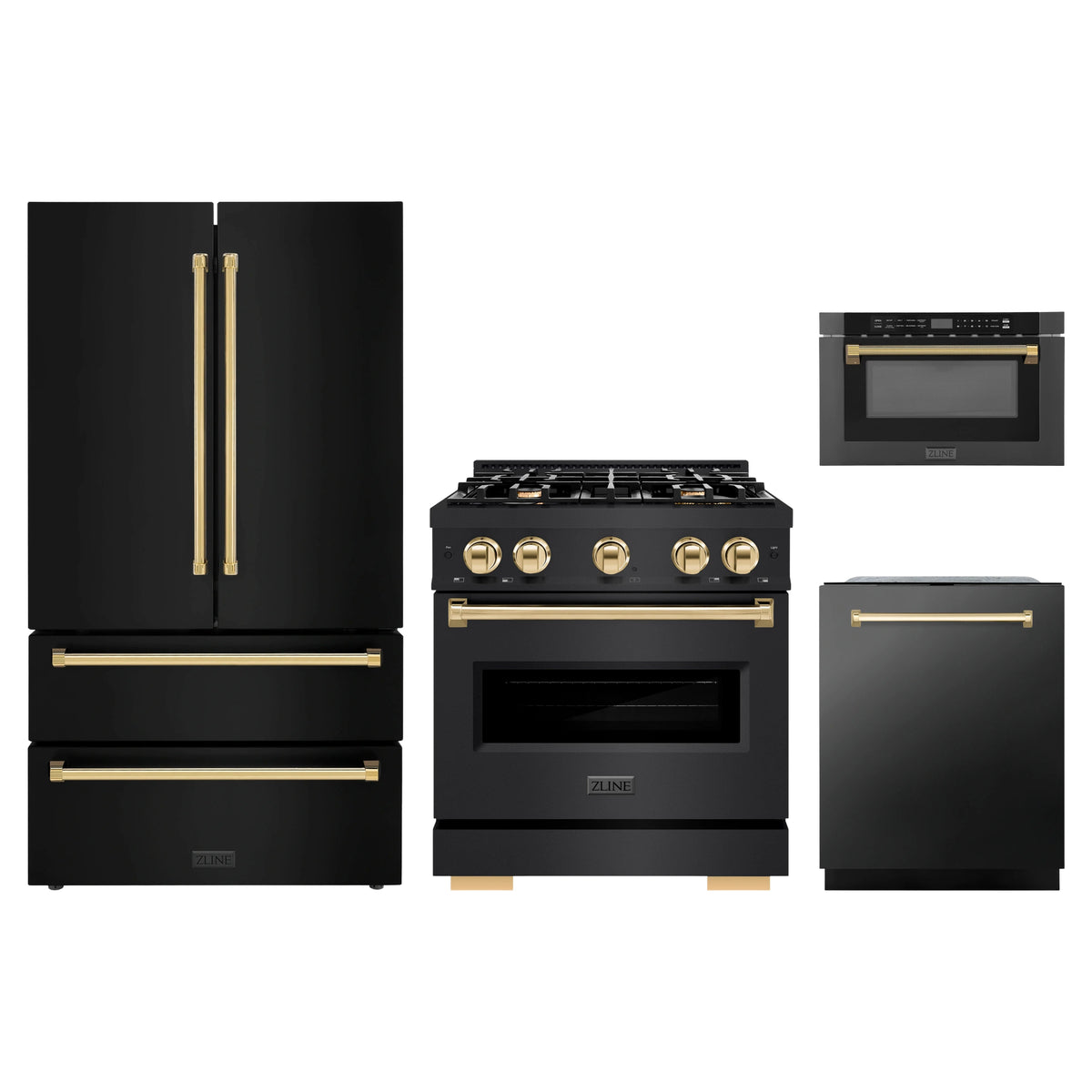 ZLINE 4-Piece Appliance Package - 30-Inch Classic Gas Range, Refrigerator, Dishwasher, and 24-Inch Microwave Drawer in Black Stainless Steel with Gold Accents