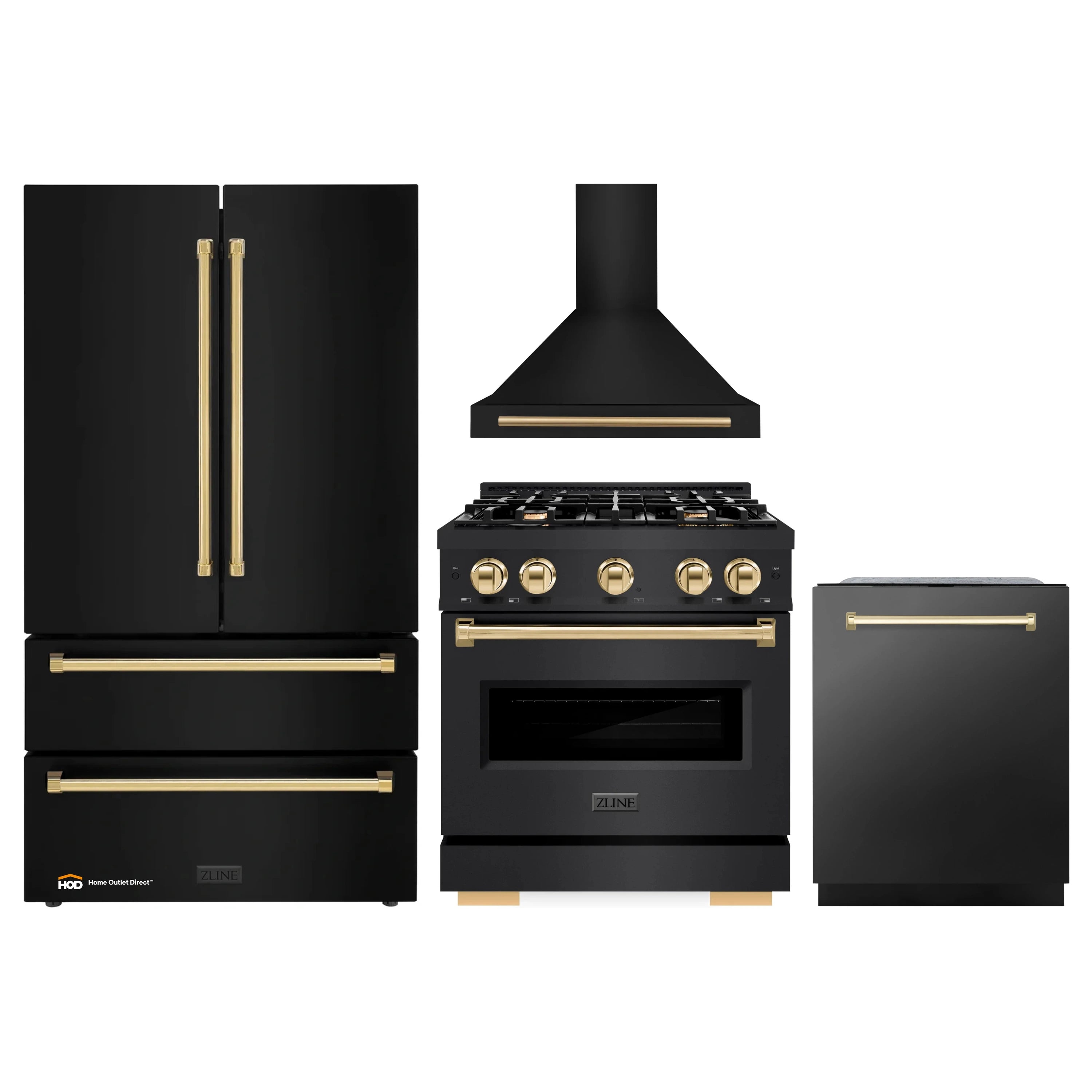 ZLINE black stainless appliance package with gold trim: range, hood, refrigerator, dishwasher