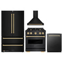ZLINE 4-Piece Appliance Package - 30-Inch Gas Range, Hood, Refrigerator, and Dishwasher in Black Stainless Steel with Gold Accents