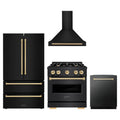 ZLINE 4-Piece Appliance Package - 30-Inch Gas Range, Hood, Refrigerator, and Dishwasher in Black Stainless Steel with Gold Accents