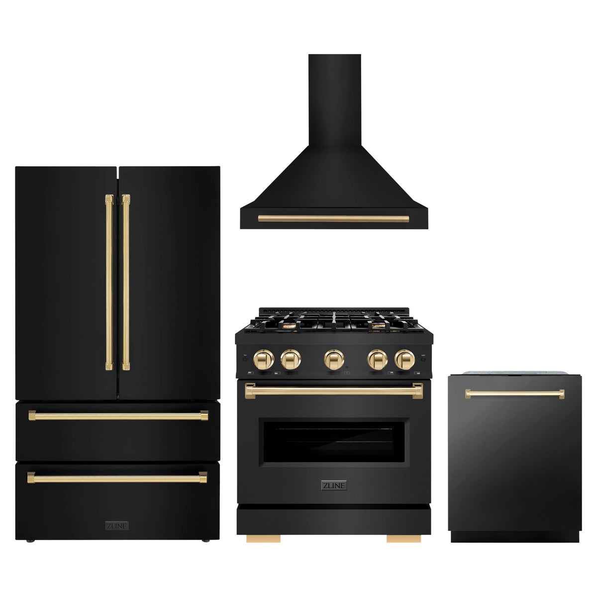 ZLINE 4-Piece Appliance Package - 30-Inch Gas Range, Hood, Refrigerator, and Dishwasher in Black Stainless Steel with Gold Accents