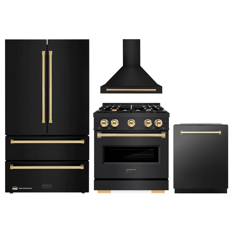 ZLINE 4-Piece Appliance Package - 30-Inch Gas Range, Hood, Refrigerator, and Dishwasher in Black Stainless Steel with Gold Accents