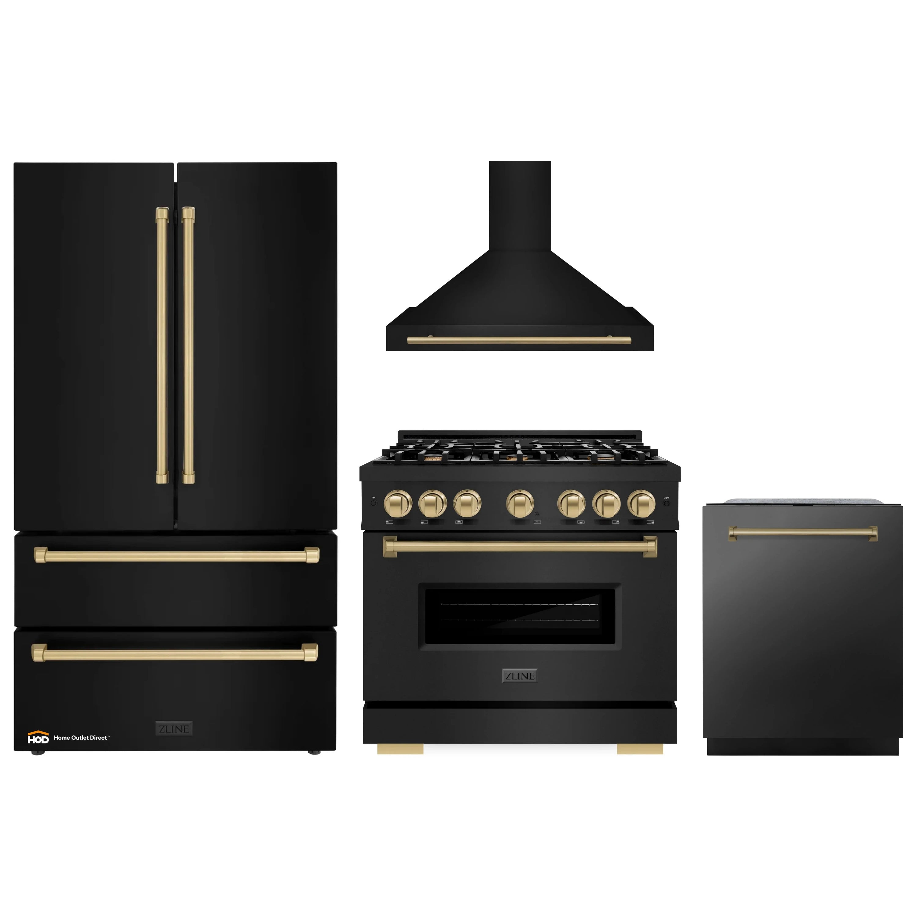 Black appliance package with champagne bronze trim: refrigerator, range, hood, dishwasher