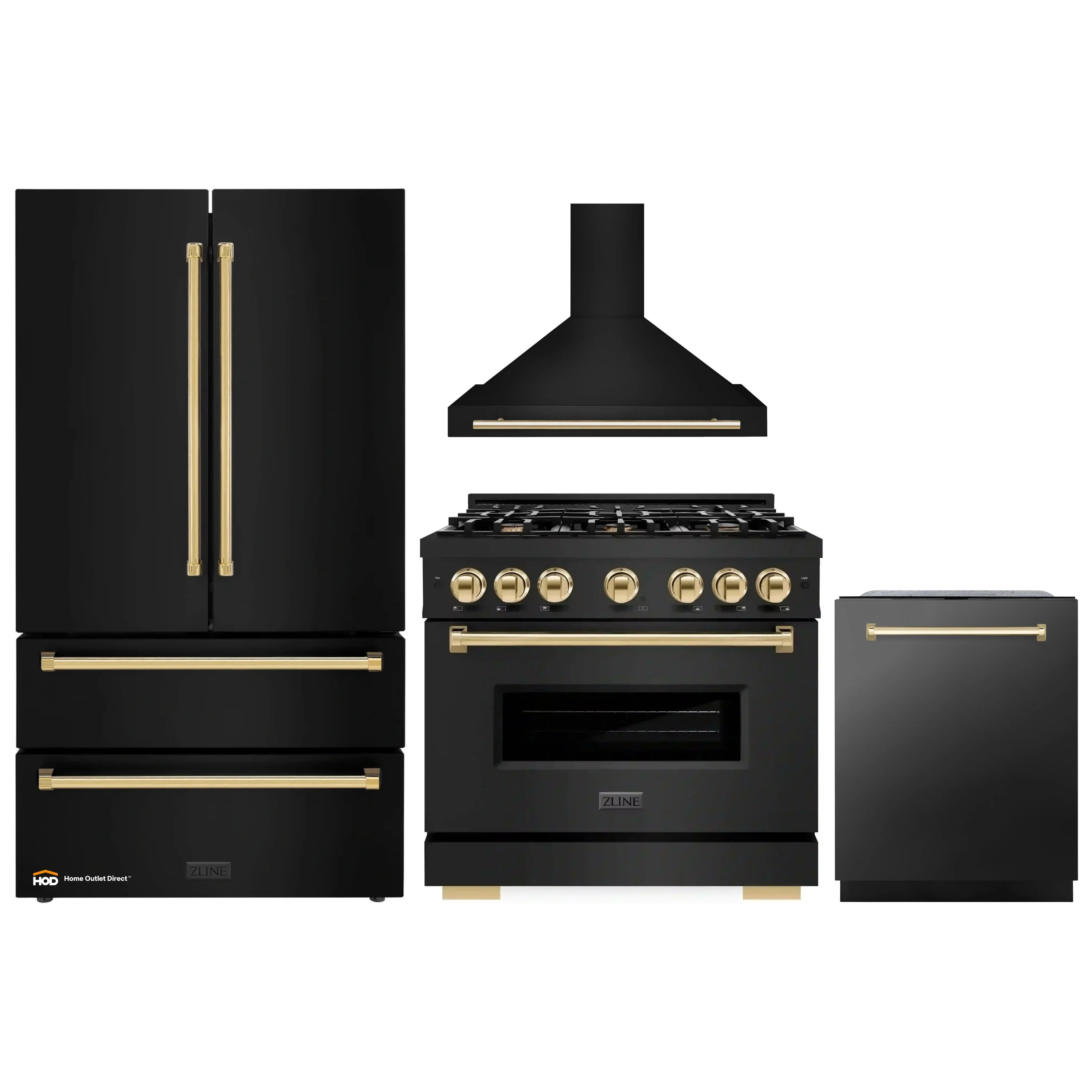 Kitchen appliance set: black stainless range, hood, refrigerator, and dishwasher with gold accents