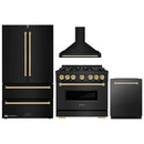 ZLINE 4-Piece Appliance Package - 36-Inch Gas Range, Hood, Refrigerator, and Dishwasher in Black Stainless Steel with Gold Accents