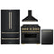 ZLINE 4-Piece Appliance Package - 36-Inch Gas Range, Hood, Refrigerator, and Dishwasher in Black Stainless Steel with Gold Accents