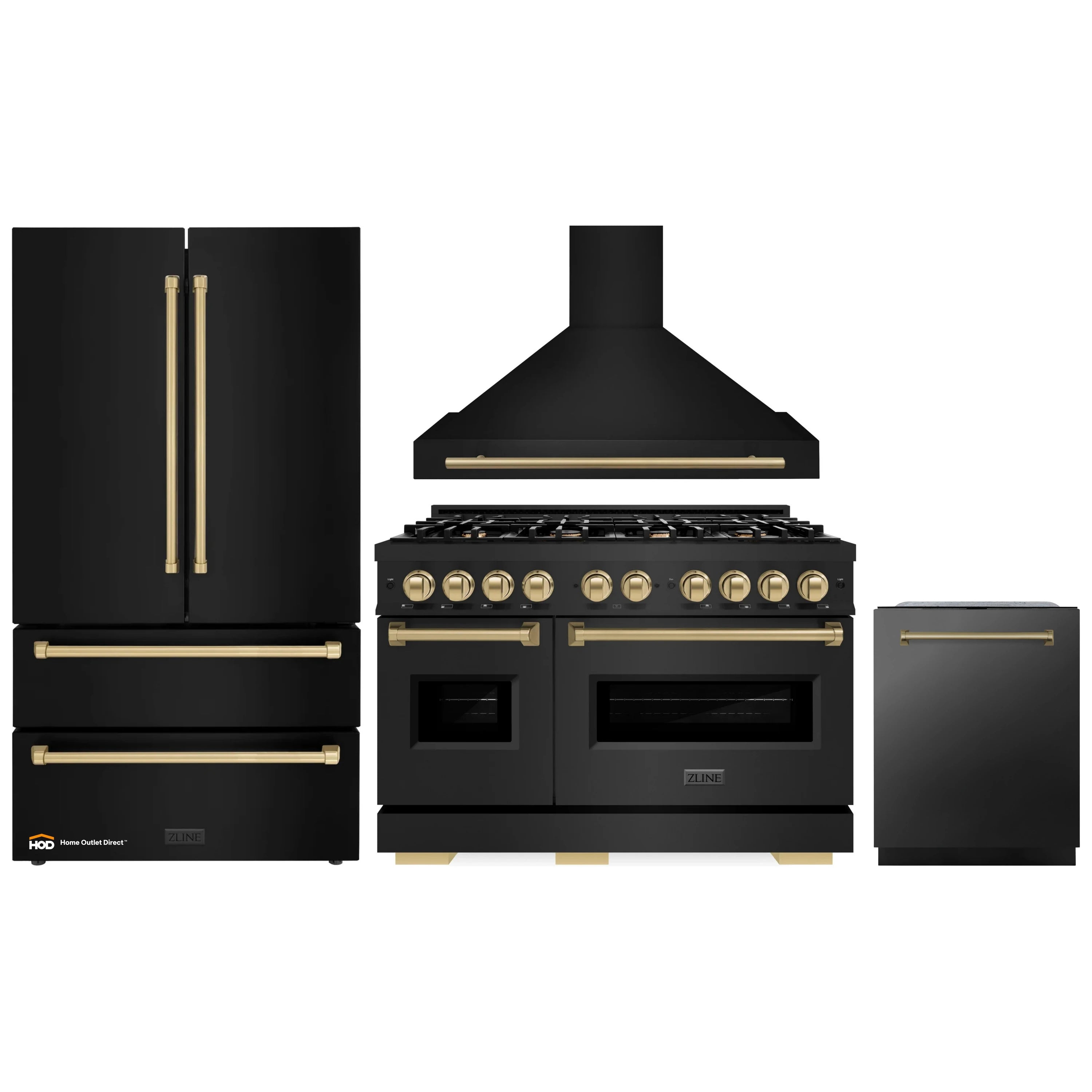 Black stainless appliance package with gold-accent hood, gas range, fridge, and dishwasher