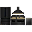 ZLINE 4-Piece Appliance Package - 48-Inch Gas Range, Hood, Refrigerator, and Dishwasher in Black Stainless Steel with Champagne Bronze Accents