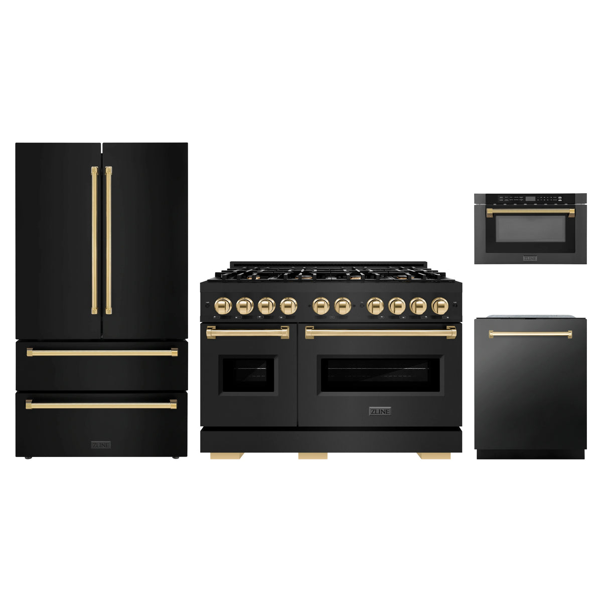 ZLINE 4-Piece Appliance Package - 48-Inch Classic Gas Range, Refrigerator, Dishwasher, and 24-Inch Microwave Drawer in Black Stainless Steel with Gold Accents