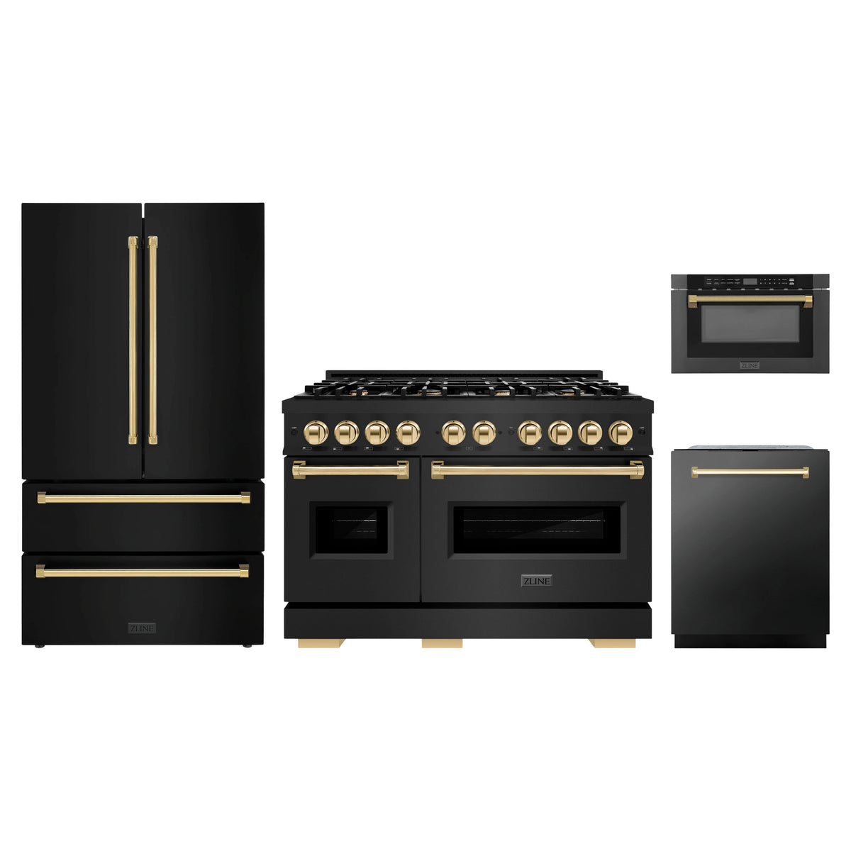 ZLINE 4-Piece Appliance Package - 48-Inch Classic Gas Range, Refrigerator, Dishwasher, and 24-Inch Microwave Drawer in Black Stainless Steel with Gold Accents