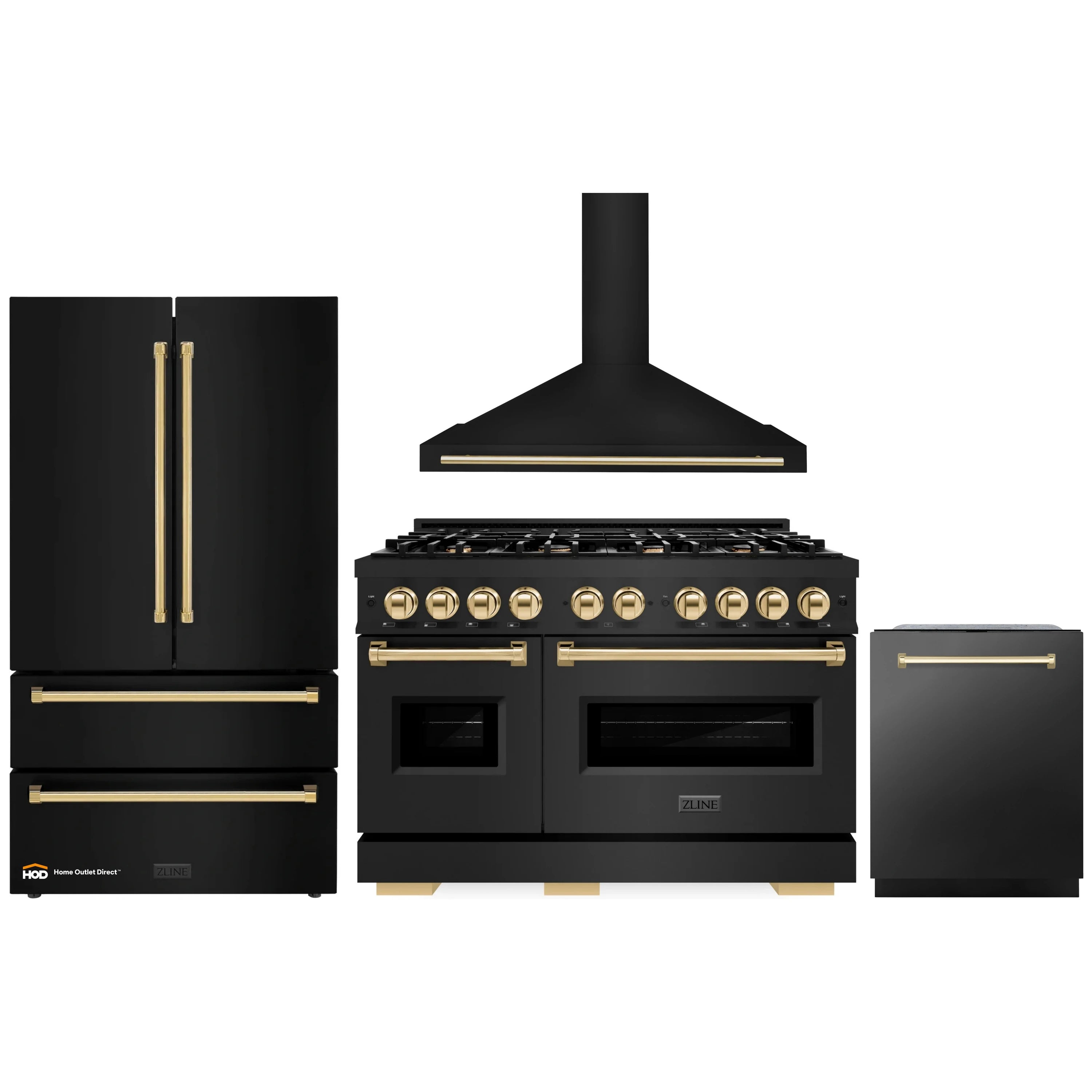 Black stainless steel kitchen appliance package with gold-accent range, hood, and fridge
