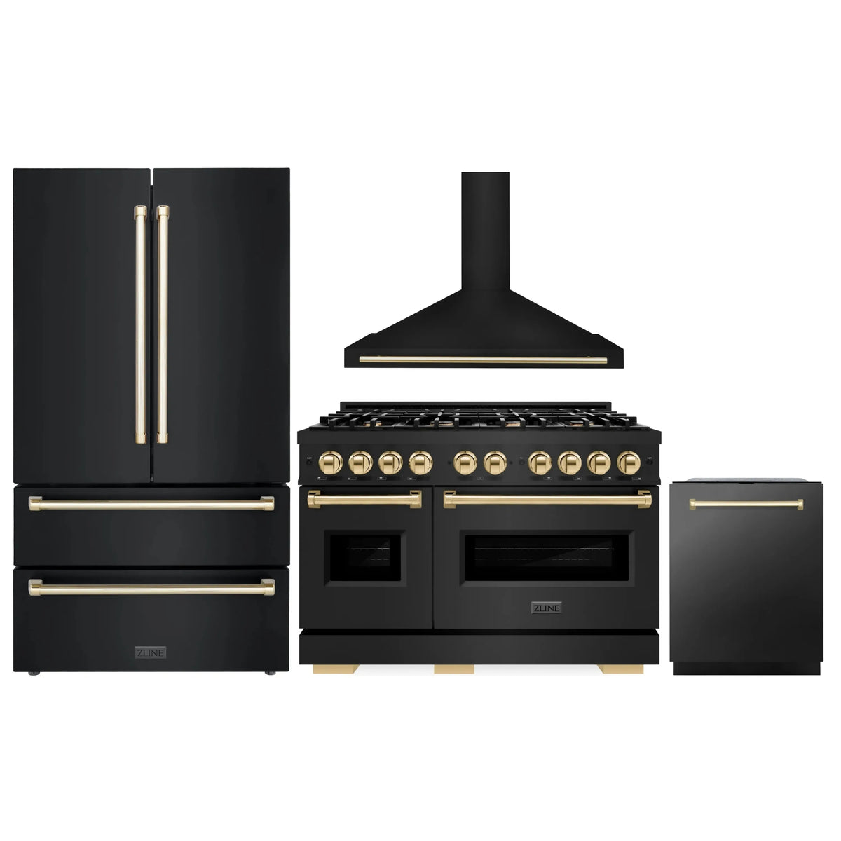 ZLINE 4-Piece Appliance Package - 48-Inch Gas Range, Hood, Refrigerator, and Dishwasher in Black Stainless Steel with Gold Accents