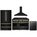 ZLINE 4-Piece Appliance Package - 48-Inch Gas Range, Hood, Refrigerator, and Dishwasher in Black Stainless Steel with Gold Accents