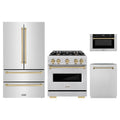 ZLINE 4-Piece Appliance Package - 30-Inch Classic Gas Range, Refrigerator, Dishwasher, and 24-Inch Microwave Drawer in Stainless Steel with Champagne Bronze Accents