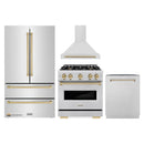 ZLINE 4-Piece Appliance Package - 30-Inch Gas Range, Hood, Refrigerator, and Dishwasher in Stainless Steel with Champagne Bronze Accents