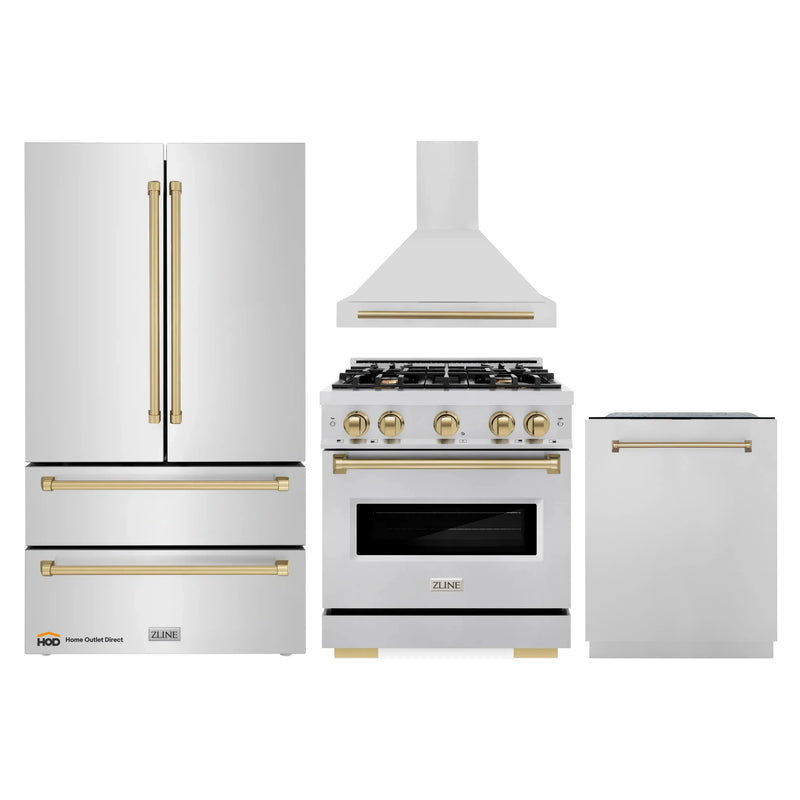 ZLINE 4-Piece Appliance Package - 30-Inch Gas Range, Hood, Refrigerator, and Dishwasher in Stainless Steel with Champagne Bronze Accents
