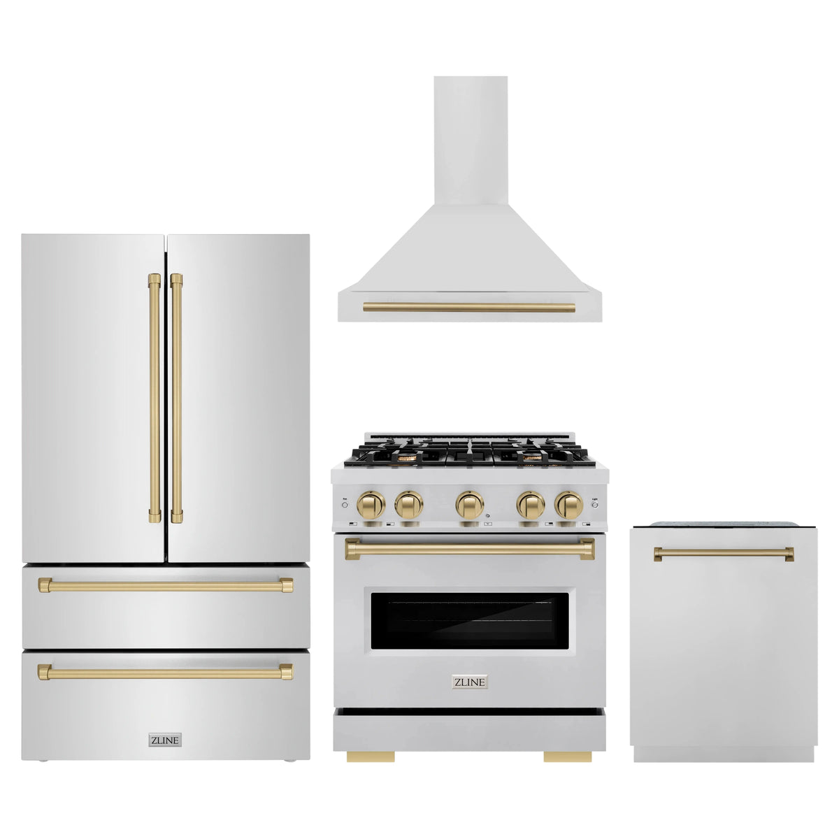 ZLINE 4-Piece Appliance Package - 30-Inch Gas Range, Hood, Refrigerator, and Dishwasher in Stainless Steel with Champagne Bronze Accents
