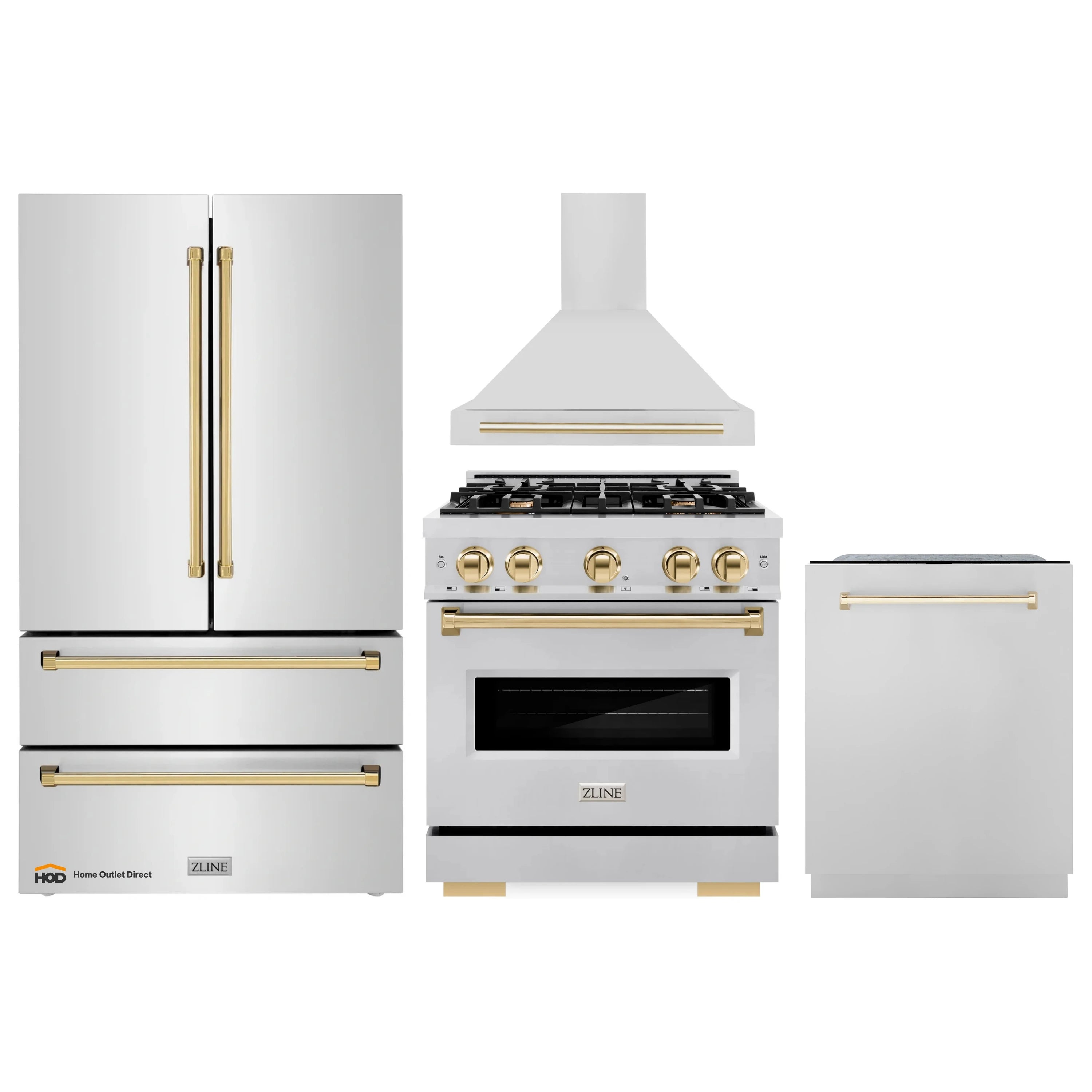 Stainless appliance set with refrigerator, gas range, hood, and dishwasher panel