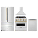 ZLINE 4-Piece Appliance Package - 30-Inch Gas Range, Hood, Refrigerator, and Dishwasher in Stainless Steel with Gold Accents