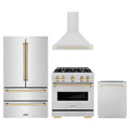 ZLINE 4-Piece Appliance Package - 30-Inch Gas Range, Hood, Refrigerator, and Dishwasher in Stainless Steel with Gold Accents