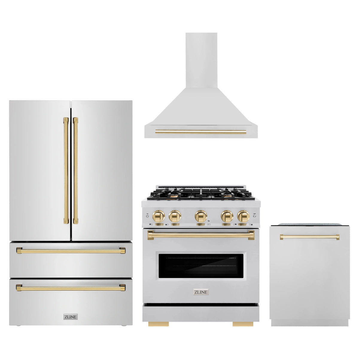 ZLINE 4-Piece Appliance Package - 30-Inch Gas Range, Hood, Refrigerator, and Dishwasher in Stainless Steel with Gold Accents