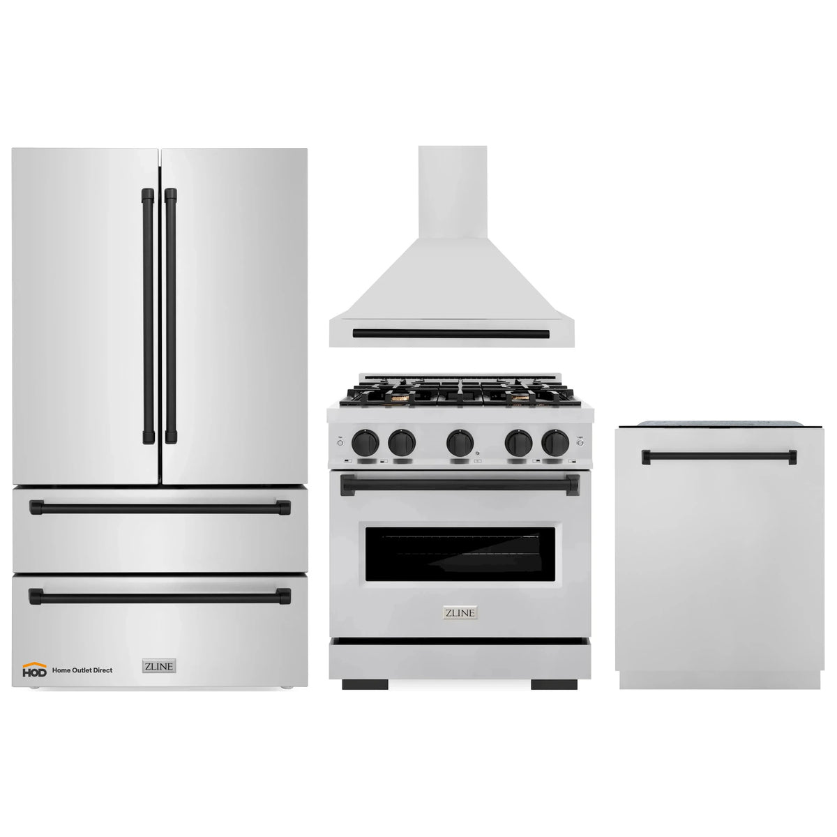 Stainless steel appliance package with matte black handles: gas range, hood, refrigerator, dishwasher