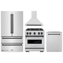 ZLINE 4-Piece Appliance Package - 30-Inch Gas Range, Hood, Refrigerator, and Dishwasher in Stainless Steel with Matte Black Accents